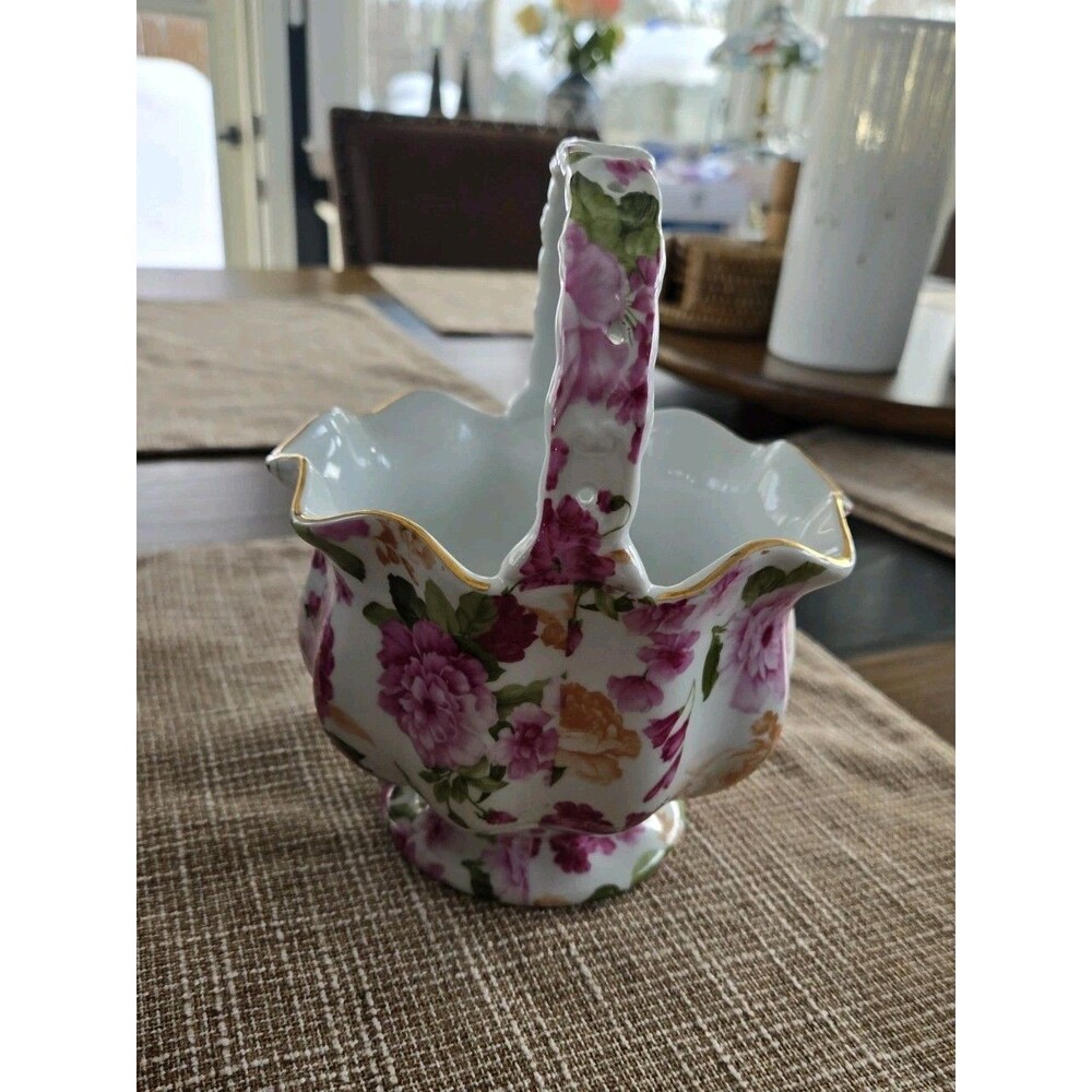 Vintage Royal Danube White Pink Rose Chintz Scalloped Basket with Handle